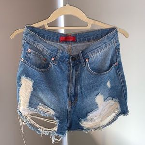 High-waisted Distressed Denim Shorts CA